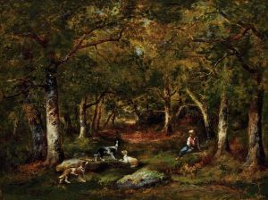 Enfant Et Chiens De Chasse En Forêt