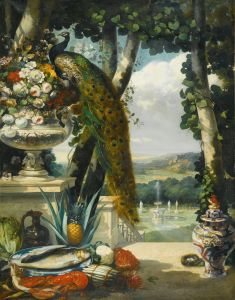 Still life with peacock, flowers, fruit and japanese vase, an extensive park landscape beyond