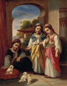 Trois fillettes et trois chiots en Turquie