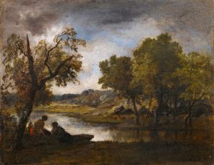 Two bathers on the bank of a lake