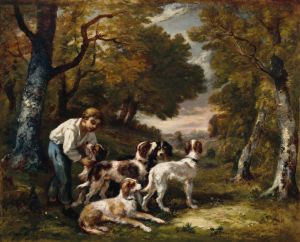 Garçon et cinq chiens en forêt
