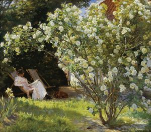 Roses. Marie Krøyer seated in the deckchair in the garden by Mrs Bendsen’s house