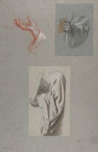 a. Hand of Saint Remi; b. Hand of Saint Remi; c. Drapery Study for Acolyte Holding Book