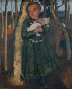 Girl in a birch forest with cat
