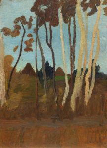 Landschaft mit Birken, im Hintergrund zwei Hausgiebel