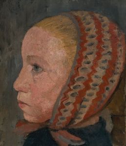 Girl’s head with a striped cap in profile to the left