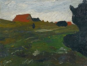 Landschaft Mit Busch Und Roten Häusern
