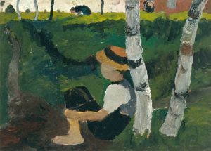 Boy on the way under birch trees