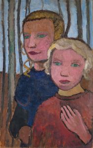 Two Girls in Front of Birch Trees