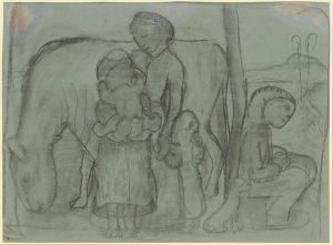 Five children, donkey and dog