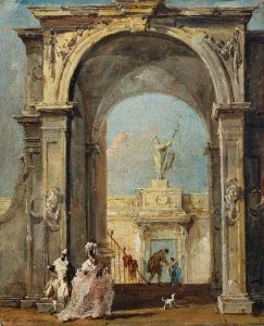 An architectural capriccio with elegantly dressed figures and a dog at the entrance to a palace