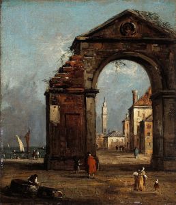 Caprice, avec arc triomphal en ruine et paysage du bord de la lagune