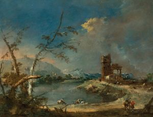 A capriccio of a rustic tower beside a lake