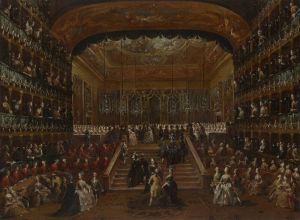 The interior of the Teatro San Benedetto, Venice, with the 1782 ball in honor of the ‘Conti del Nord’