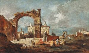 Capriccio with a ruinous arch and a villa in the background