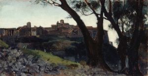 Paysage d’Italie. Village au crépuscule