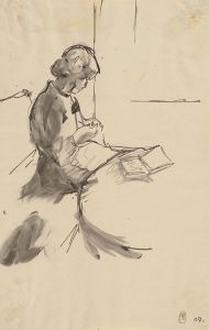 Strickende Frau, auf dem Tisch ein Buch liegend