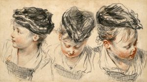 Three head studies of a girl wearing a hat