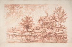 Farm House along a River, two figures at left