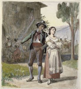 Ungt par, der er uenige, i baggrunden dansende foran et hus