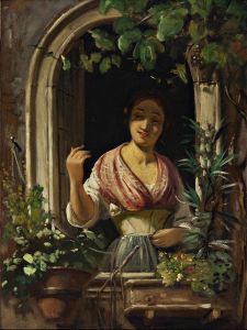 Italian woman waving from a window, end of the 1850s