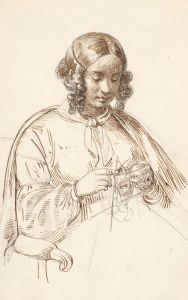 Ung strikkende dame, halv figur