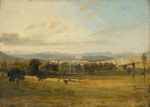 Sketch of Leighton Hall, Lancashire, the hills of the Lake District beyond