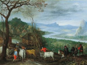 A landscape with herdsmen driving cattle to a village