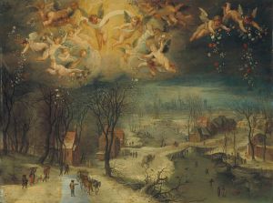 A winter landscape with villagers gathering wood and skaters on a frozen river, putti scattering flowers above