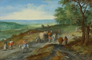 A Panoramic Landscape With A Covered Wagon And Travelers On A Highway