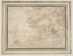 Wooded Shore with People Embarking in Boats