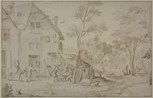 Dorfansicht mit der Heiligen Familie auf der Flucht nach Ägypten