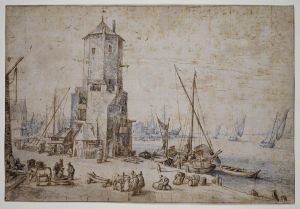 Hafenansicht mit achteckigem Turm und Segelbooten