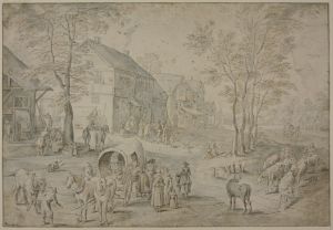 Straße in einem Dorf mit vielen Figuren