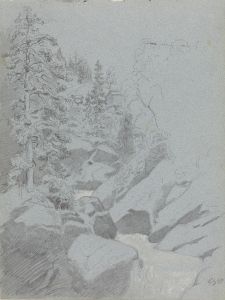 Skoginteriør med foss og hus