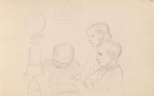 Three children by a kerosene lamp