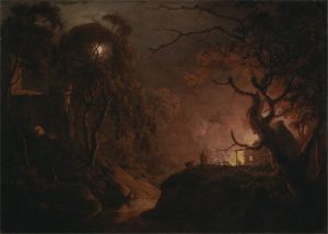Cottage on fire at night