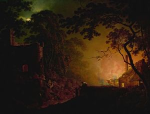 A cottage on fire at night