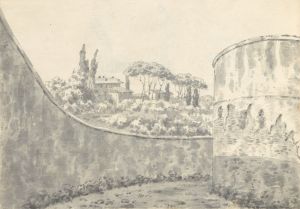 Landscape with a Curved Wall, Round Tower and Distant Villa