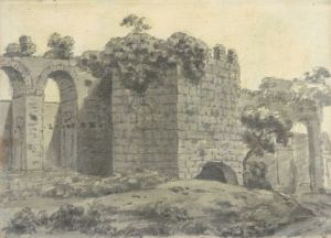 Roman Ruins Including an Arched Aqueduct and Tower