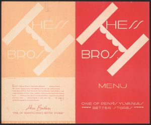 Designs for Hess Brothers Restaurant, Allentown, PA.] [Dinner menu