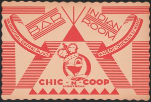 Designs for Indian Room, Chic-n-Coop Restaurant, Montreal, Canada.] [Placemat design with chicken character wearing crown