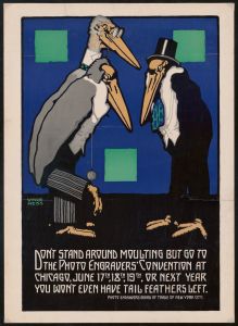 Graphic design for Photo Engravers Convention, Chicago.] [Poster featuring cartoon-like storks