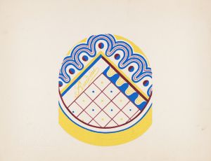 3-D Study for circular box with grid and dotted wavy border in blue, red and green