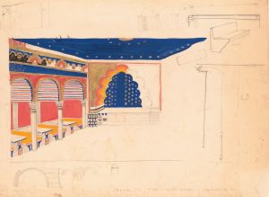 Design drawing for a restaurant , Washington, D.C.] [Interior perspective of arcade and stage