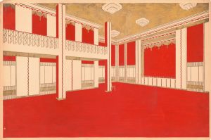 Design for unidentified ballroom, probably New York City area.] [Perspective rendering in vermillion and gold