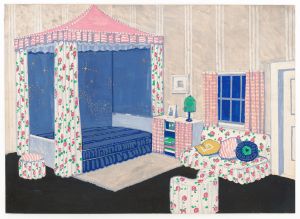 Design for unidentified bedroom with canopy bed.] [Interior perspective elevation