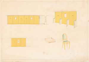 Design for unidentified caf ̌with green and yellow trim.] [Design with tulip stencils, upholstered bentwood chair in green and yellow color scheme