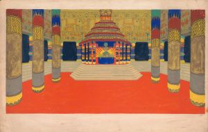 Design for unidentified interior.] [Drawing of columned hall with altar on a stepped plinth and decorative frieze featuring elephants