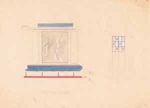 Design for unidentified restaurant interior in blue and vermillion with mural featuring 2 female nudes and panel with tulip inserts.] [Drawing for ‘Dining Room’